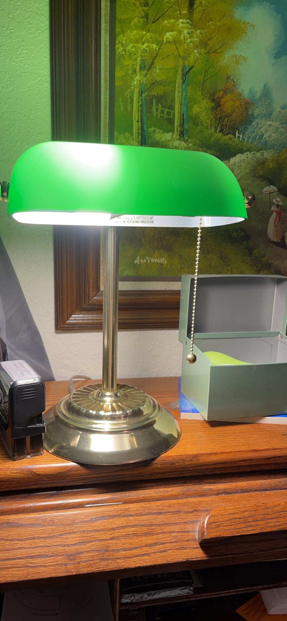Catalina Lighting 13.5'' Traditional Banker's Lamp Light Fixture with Green Glass Cylinder Shade for Office, Library, Living Room, or Dorm, Polished Brass customer photo 1