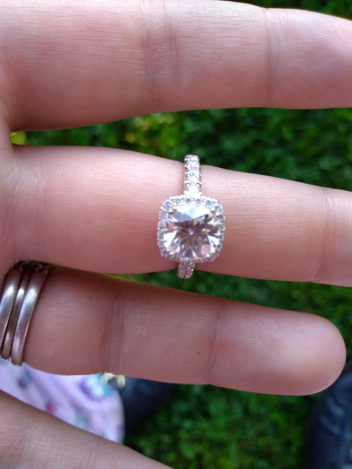 DovEggs Cushion Cut Moissanite Halo Engagement Ring for Women 2CT 7.5mm FGH Colorless, 18K White Gold Plated 925 Sterling Silver, Wedding Anniversary Promise Ring customer photo 2