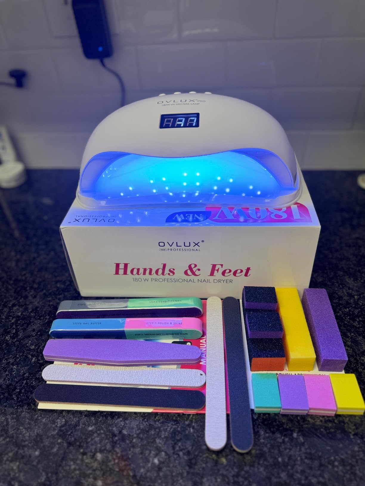 OVLUX 180W UV LED Nail Lamp Professional – Fast Gel Nail Dryer with 57 LEDs, LCD Countdown, Auto Sensor & Low Heat Mode, UV Light for Gel Nails, Salon & Home, Nail Buffer & File Set customer photo 2