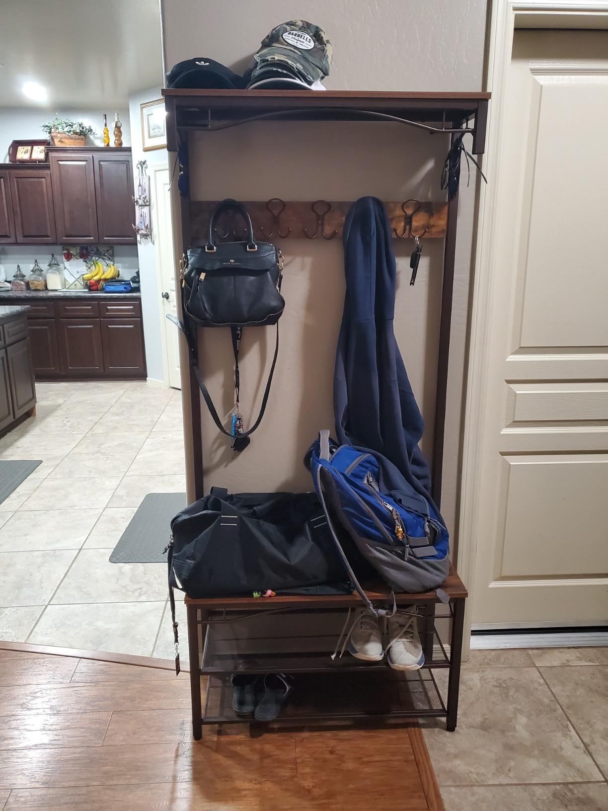 VASAGLE Coat Rack and Storage Bench, Hall Tree with 9 Hooks, Steel Frame customer photo 1