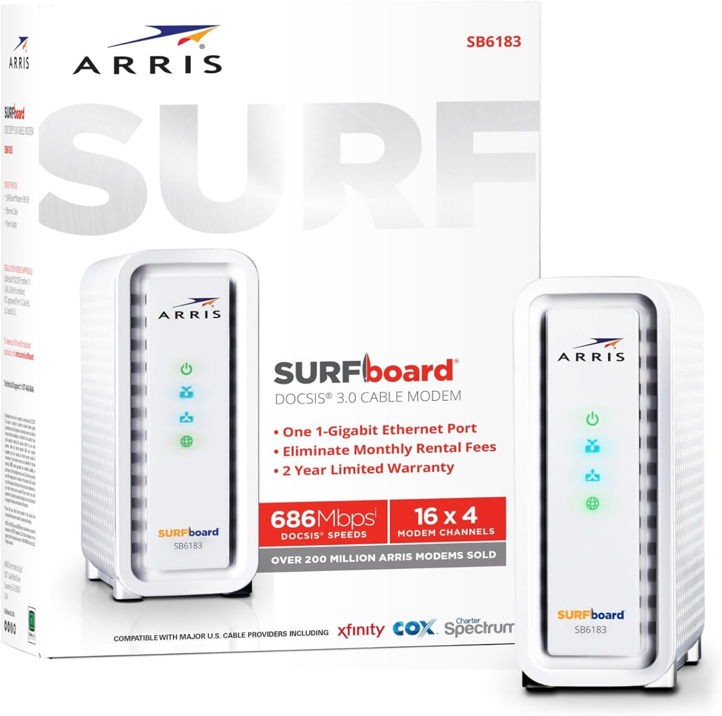 ARRIS (SB6183) -Cable Modem - Fast DOCSIS 3.0 16x4 Gigabit, [Check with your provider for compatibility], 1 Gbps Port, 400 Mbps Max Internet Speed, 2 Year Warranty customer photo 1