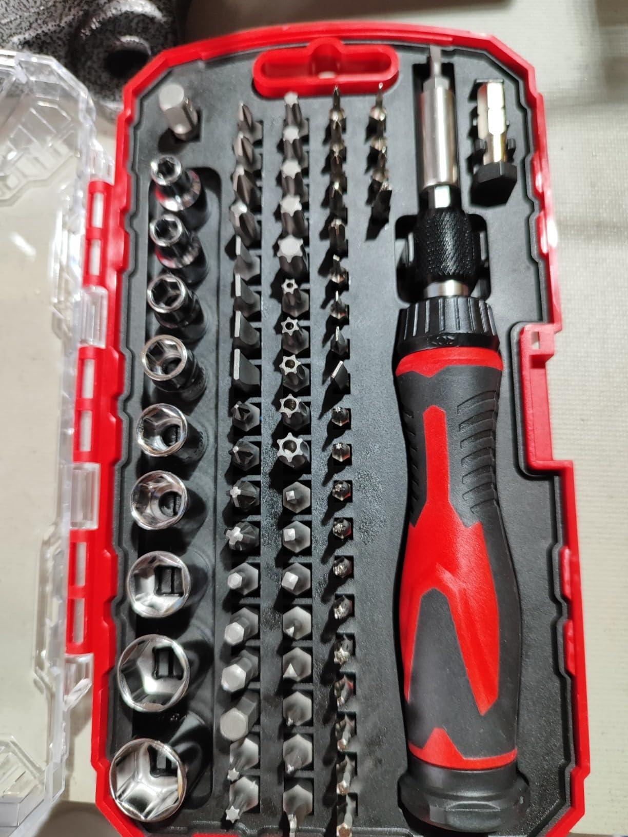 Amazon Basics Magnetic Ratcheting Wrench and Electronics Precision Screwdriver Tool Set, 73-Piece, with Carry Case for Household Repair, Small Jobs, Eyeglasses, Black/Red/Silver customer photo 1