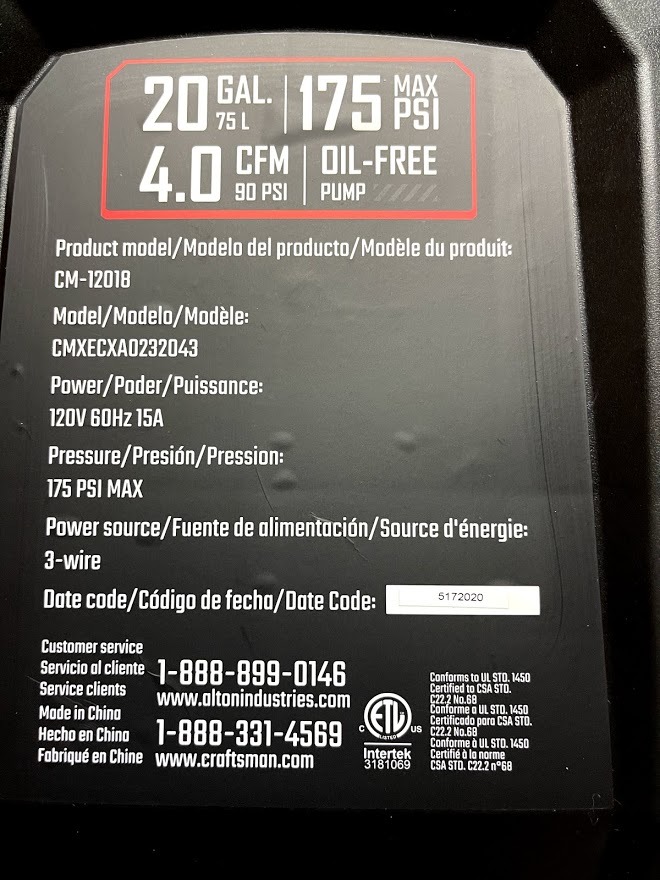 Craftsman Air Compressor, 20 Gallon Oil-Free 1.8 HP Max 175 PSI Pressure Two Quick Couplers Big Capacity, Red- CMXECXA0232043 customer photo 1