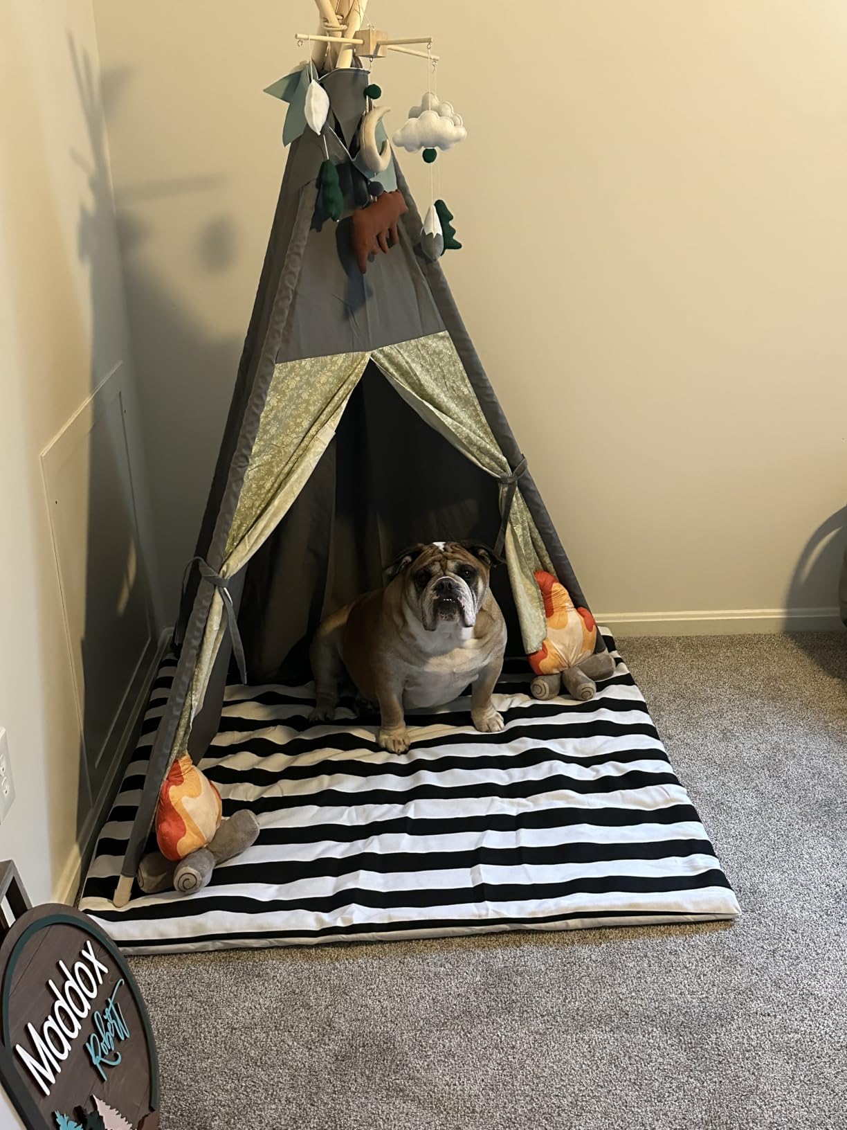 Teepee Tent for Kids Stripe Padded Mat Foldable Dark Tone Grey Play Tents for Girl and Boy with Carry Case Wooden Pole Printing Canvas Tepee Playhouse for Child Indoor Outdoor customer photo 2