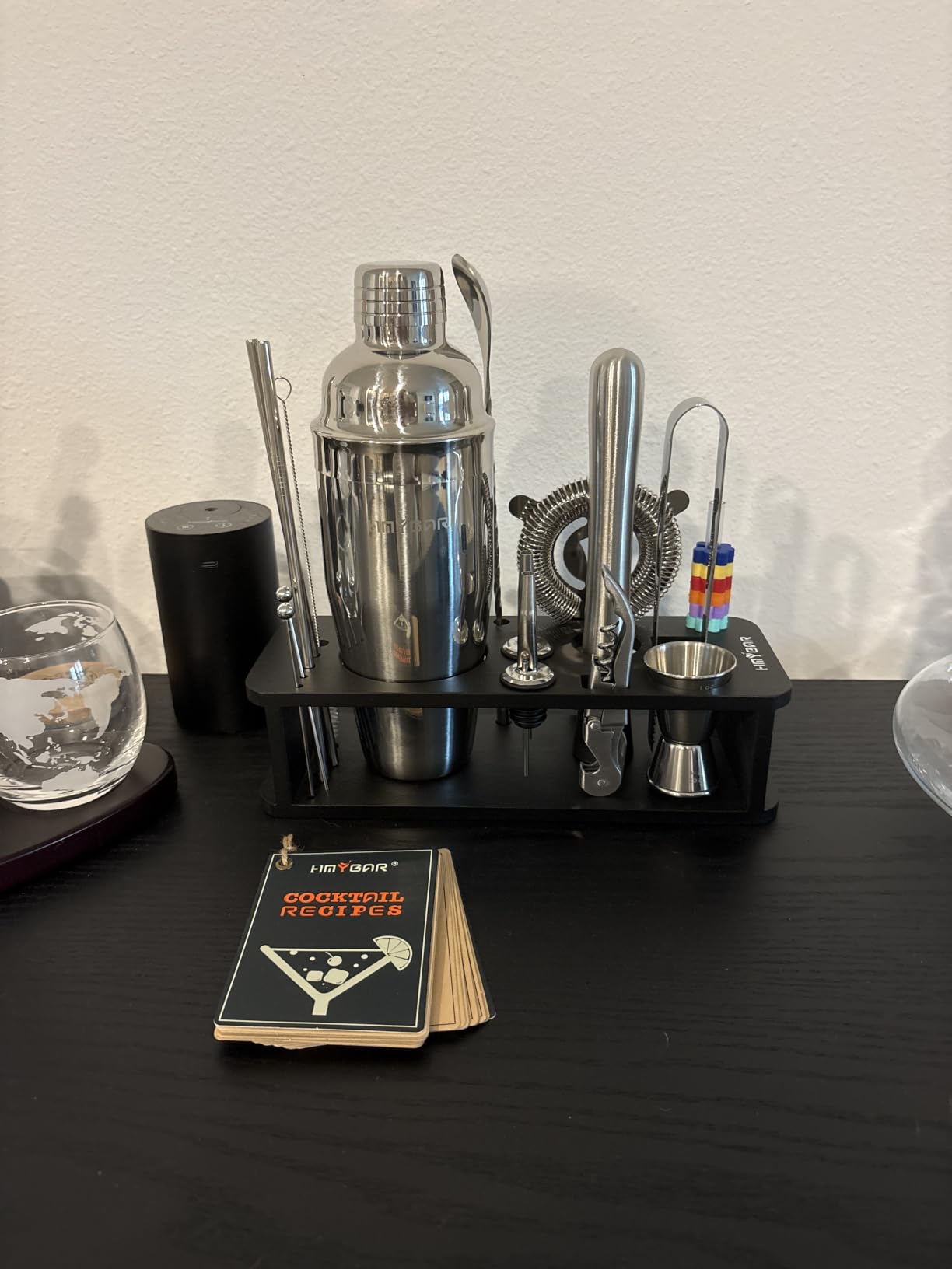 KITESSENSU Cocktail Shaker Set Bartender Kit with Stand | Bar Set Drink Mixer Set with All Essential Accessory Tools: Martini Shaker, Jigger, Strainer, Mixer Spoon, Muddler, Liquor Pourers |Silver customer photo 1