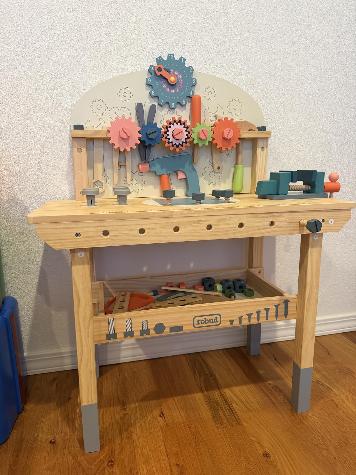 ROBUD Wooden Play Tool Workbench Set for Kids, Construction Toy Bench - Wooden tool workbench with realistic tools and accessories, inspiring creativity, role play, and hands-on building skills customer photo 2