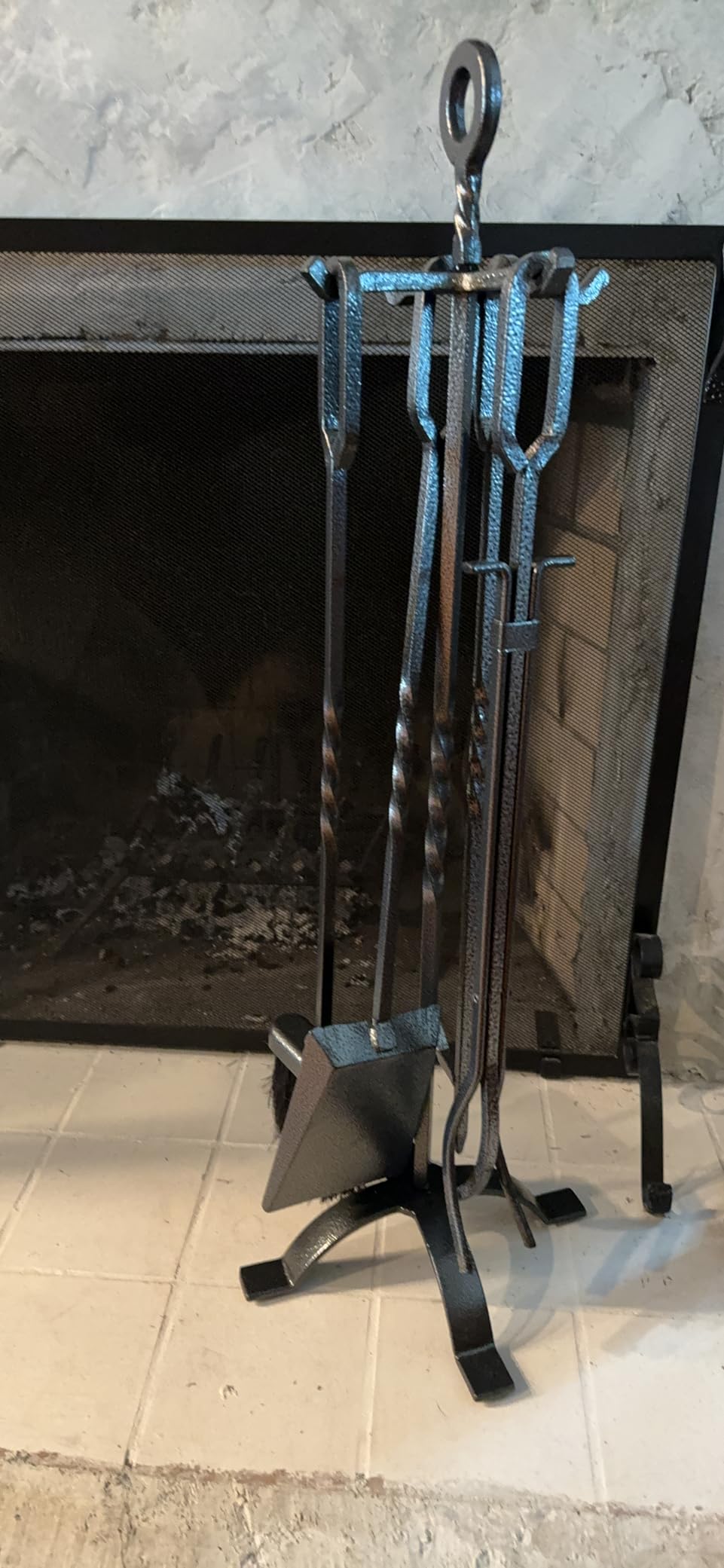 AMAGABELI GARDEN & HOME 5 Pieces Fireplace Tools Sets Wrought Iron Fireplace Set Antique Brass Copper with Poker Tongs Broom Shovel Stand Indoor Fire Place Kit Wood Stove Hearth Accessories Gold customer photo 1