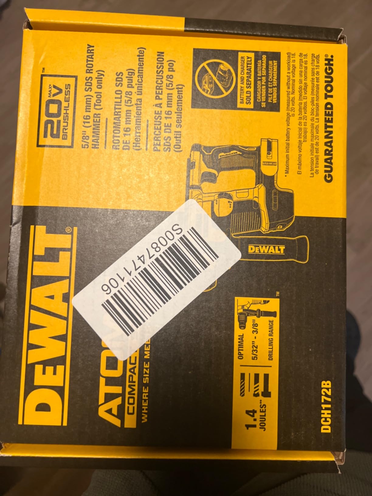 DEWALT 20V MAX SDS Plus Rotary Hammer Drill, Cordless, 5/8 in., Tool Only (DCH172B), Special Feature-Brushless Motor, Compact customer photo 1