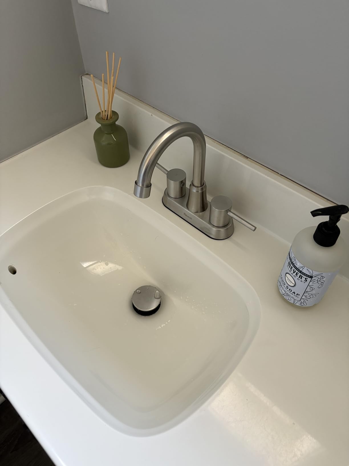Bathroom Faucets, Bathroom Faucet 3 Hole, Bathroom Sink Faucet, Faucet for Sink 4 Inch 2 Handle Centerset, Lead-Free, with Copper Pop Up Drain (Brushed Nickel) customer photo 2