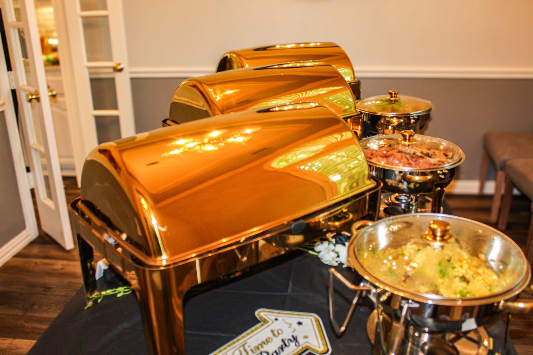 ROVSUN 9QT 3 Pack Roll Top Chafing Dish Buffet Set, Rectangular NSF Stainless Steel Buffet Warmer Chafers with Thick Frame for Catering Events Parties Weddings Dinners, Gold customer photo 2