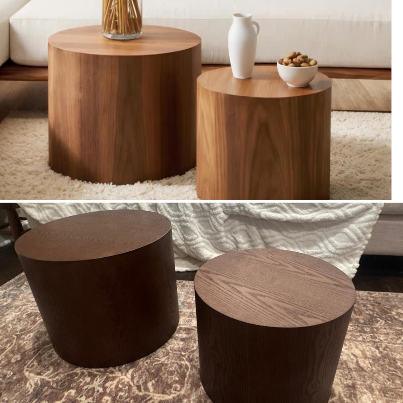 Nesting Coffee Table Set of 2, Modern Round Coffee Table with Non-Slip Feet, Walnut Wooden Circle Accent Tables for Small Spaces Living Room Bedroom Balcony Office Drum Side Table (Walnut) customer photo 2