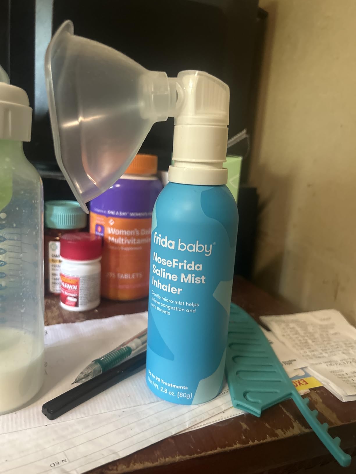 Frida Baby NoseFrida Saline Mist Nasal Inhaler, Babies & Kids, Safe, Gentle | Decongestant Spray for Congestion & Allergy Relief, Soothes Stuffy Nose & Sore Throat, Includes Mask customer photo 1