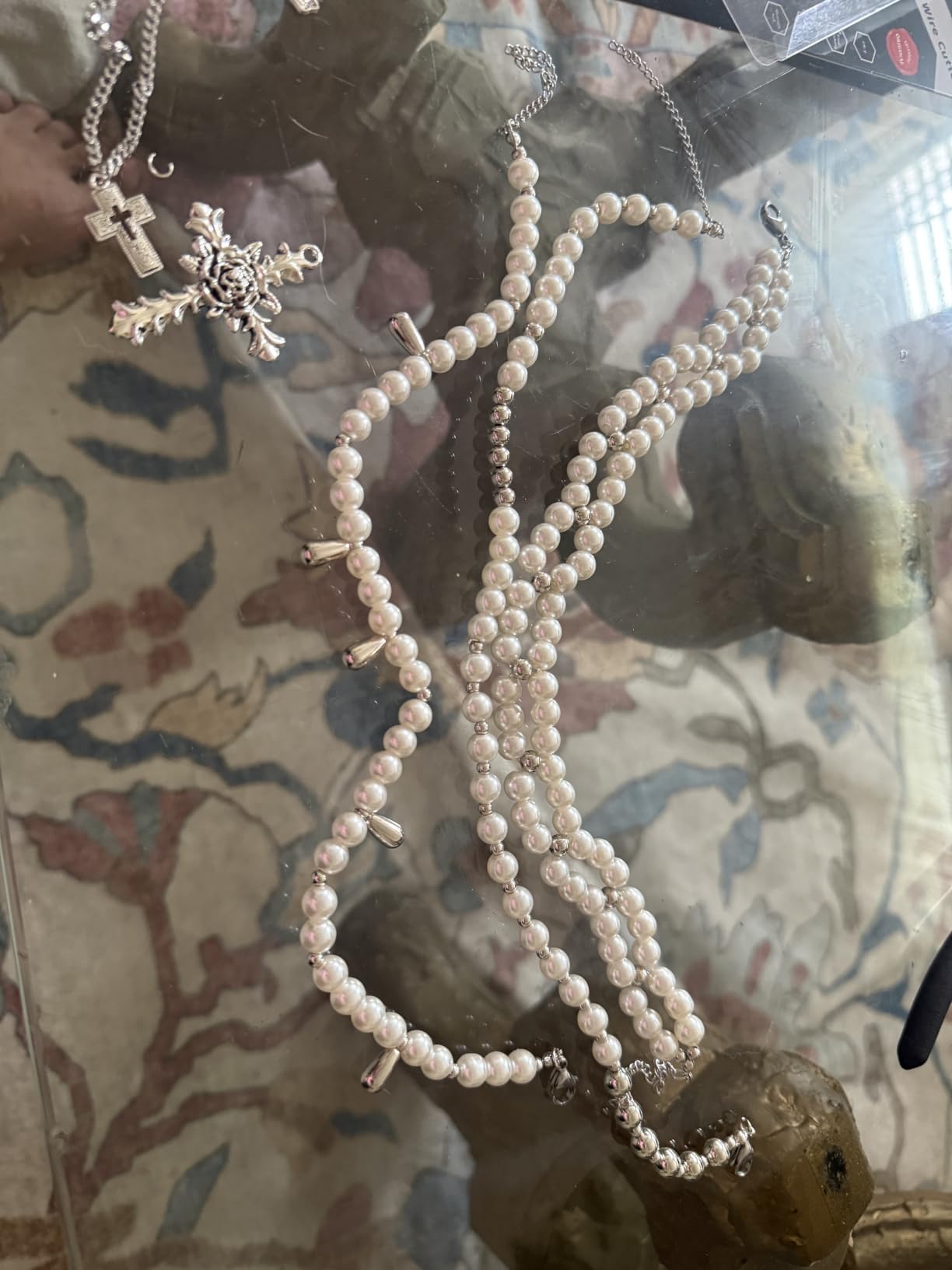 Layered Pearl Necklace Gothic Cross Pearl Stacked Necklace for Women customer photo 2