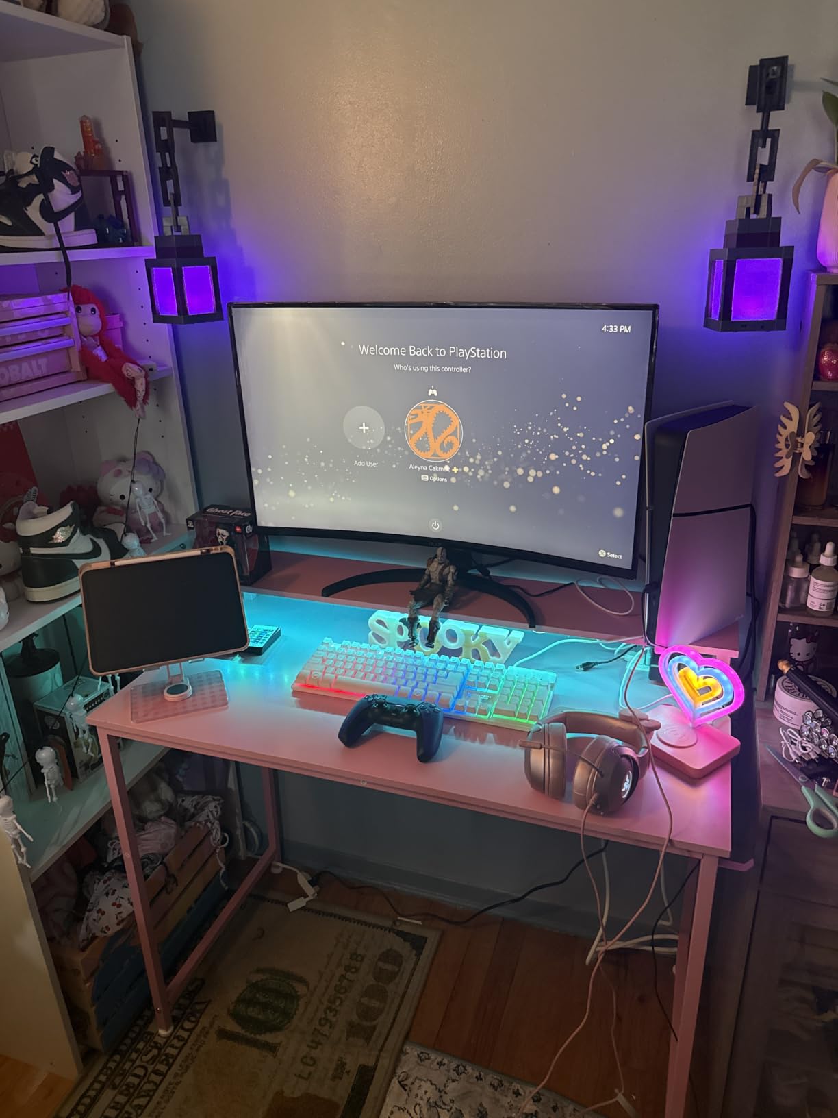 Lufeiya Black Gaming Desk with LED Lights and Power Outlets, 40 Inch Teen Writing Study Table Home Office Desks with Monitor Stand, Computer Desk with Charging Station USB Port, Black customer photo 1