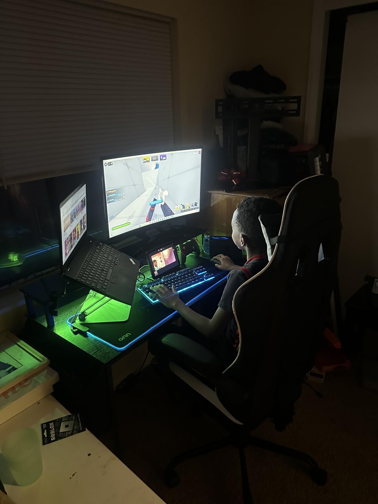 Lufeiya Black Gaming Desk with LED Lights and Power Outlets, 40 Inch Teen Writing Study Table Home Office Desks with Monitor Stand, Computer Desk with Charging Station USB Port, Black customer photo 2