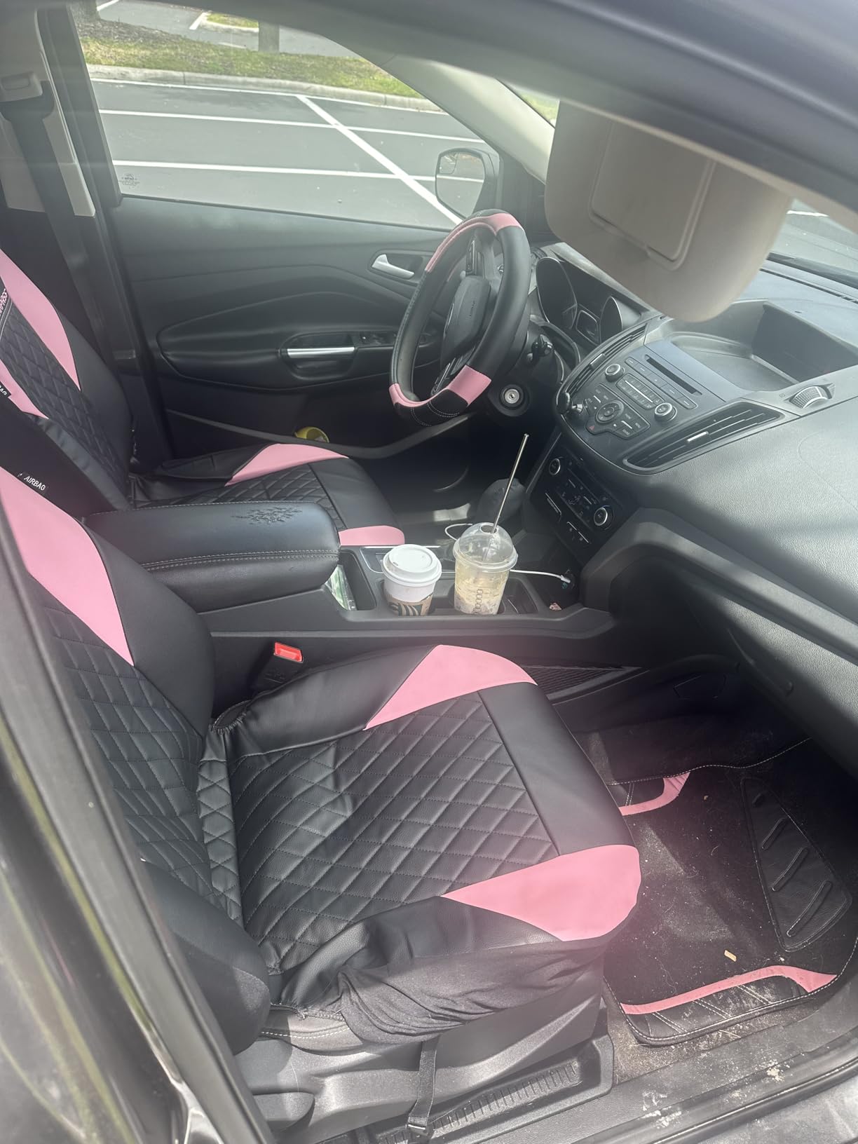 CAR PASS Air Mesh Leather Car Seat Covers Full Set, Waterproof Car Floor Mats, Sporty Steering Wheel Cover 14.5-15in, Universal Fits for 95% Cars Truck SUV (Black and Blue) customer photo 1