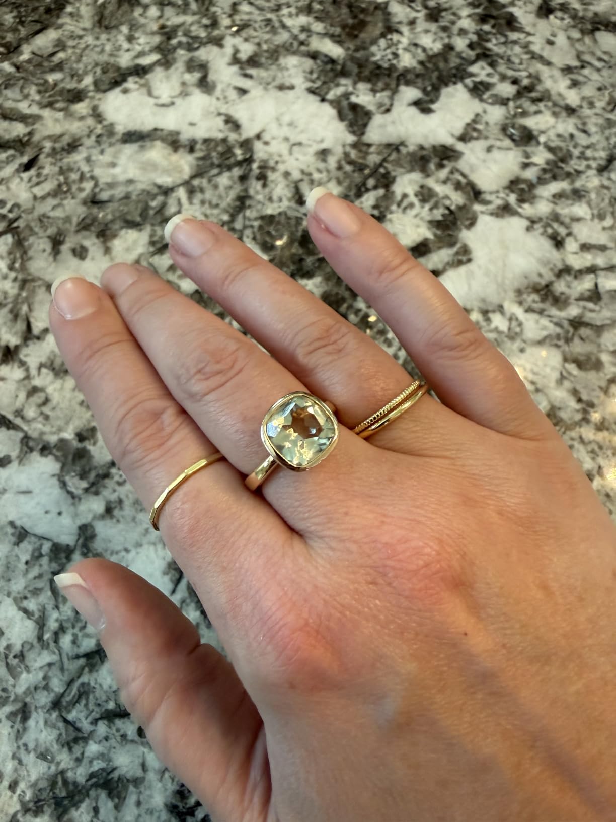 Green Amethyst Prasiolite Cushion Cut Ring 10x10mm - 925 Solid Sterling Silver with 3 Micron Gold Plating - Natural Authentic Gemstone, Scandinavian Handmade Fine Jewelry for Women customer photo 1