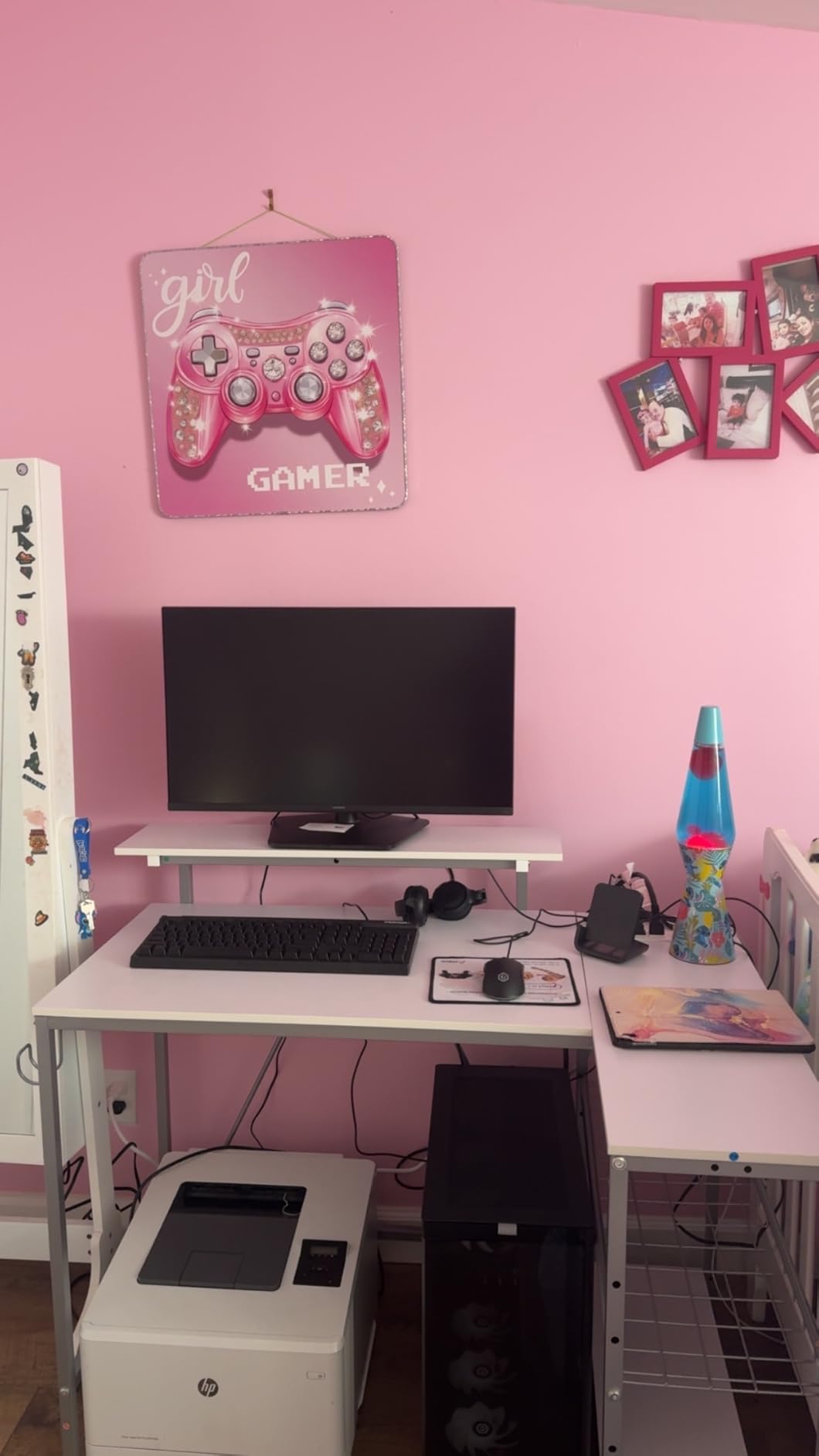 Bestier 42-Inch Pink L-Shaped Gaming Desk with Charging & LED | Charging 2AC+USB+Type-C, RGB LED 20 Colors/22 Modes, Reversible Shelves, Carbon Fiber Texture, Headset Hook, Small Space customer photo 1