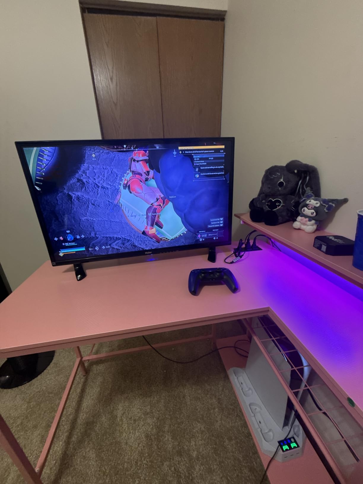 Bestier 42-Inch Pink L-Shaped Gaming Desk with Charging & LED | Charging 2AC+USB+Type-C, RGB LED 20 Colors/22 Modes, Reversible Shelves, Carbon Fiber Texture, Headset Hook, Small Space customer photo 2