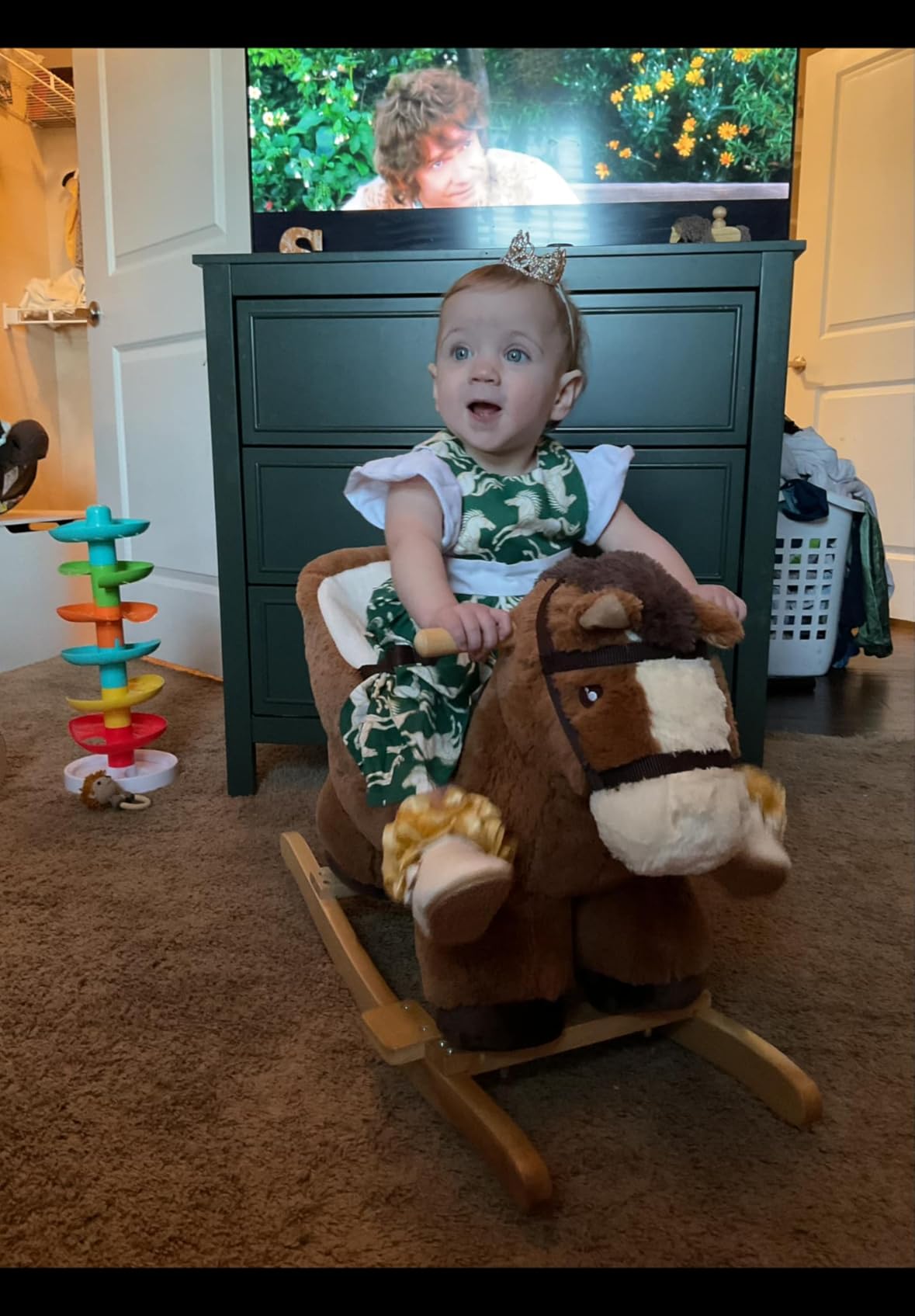 Qaba Baby Rocking Horse with Sound Wooden Base Ages 18-36 Months Brown customer photo 2