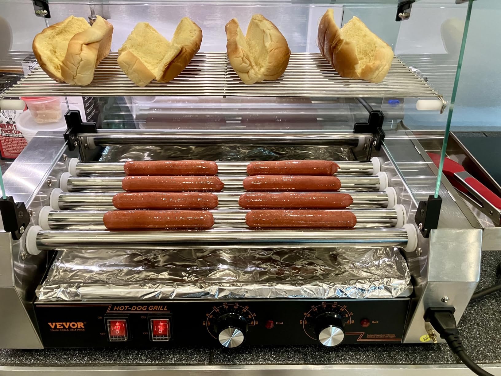 VEVOR Hot Dog Roller, 12 Hot Dog 5 Rollers, Stainless Steel Sausage Grill Cooker, 750W Commercial Hot Dog Machine with Dual Temp Control, Cover, Side Storage Box, Removable Shelf & Oil Drip Tray customer photo 2