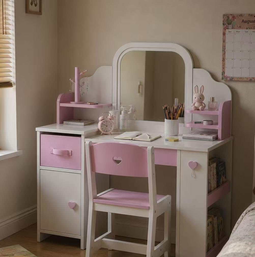 Frogprin Kids Vanity with Lights and Chair, Princess Makeup Vanity Desk with Mirror Bookshelf Storage Cabinet,3 in 1 Toddler Vanity Table Makeup Dressing Table, Pretend Play Vanity Set for Little Girl customer photo 1