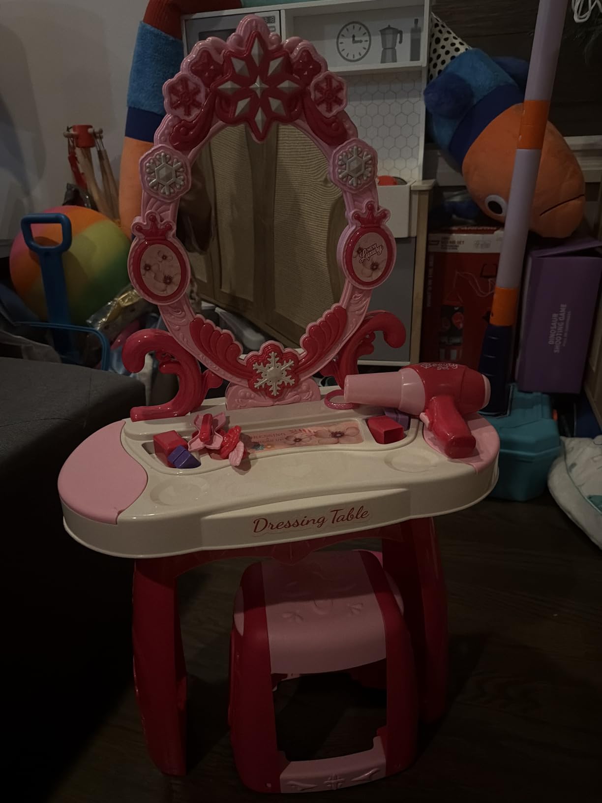 Toddler Vanity Kids Vanity Table and Chair Set, Girls Makeup Table with Mirror Lights & Music, Pretend Play Dress Up Toys with Hair Dryer, Princess Crown & Wand, Storage Bag, Gifts for Girls Age 3 4 5 customer photo 2