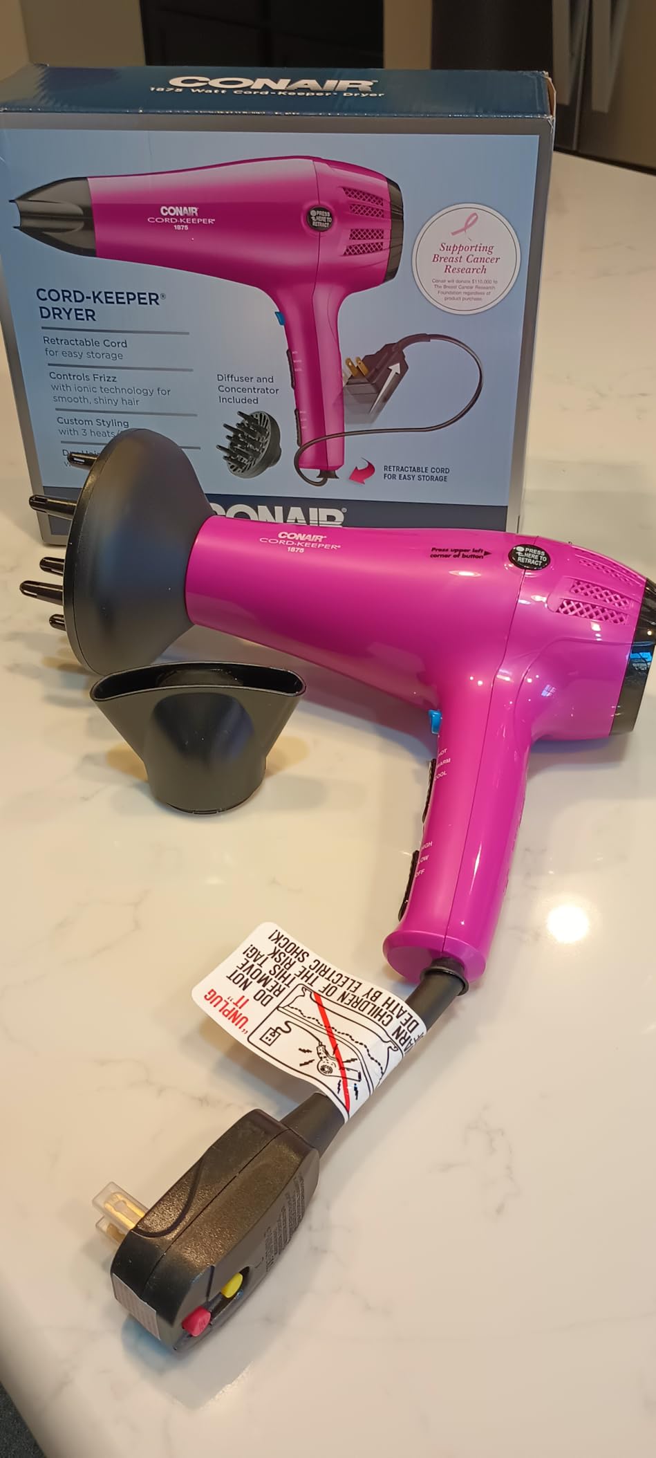 Conair Hair Dryer with Diffuser & Concentrator, 1875W, Matte Light Pink customer photo 2
