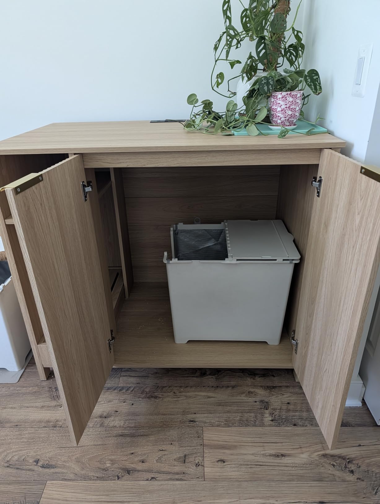 Forest Gravity Extra Large Litter Box Cabinet for Self-Cleaning Litter Box | Fits most self-cleaning boxes; Fluted doors; Large Inner Space; Litter Collector; Built-in power outlet; Dog-Proof; Natural customer photo 1