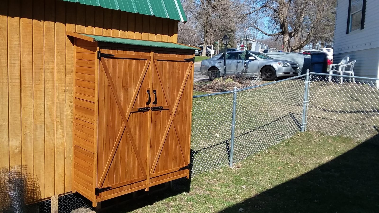 MCombo Outdoor Storage Cabinet with Shelves, Wood Garden Shed with Floor, Outside Tool Shed with 2 Lockable Doors for Yard Patio Lawn, 1400 (Natural) customer photo 1