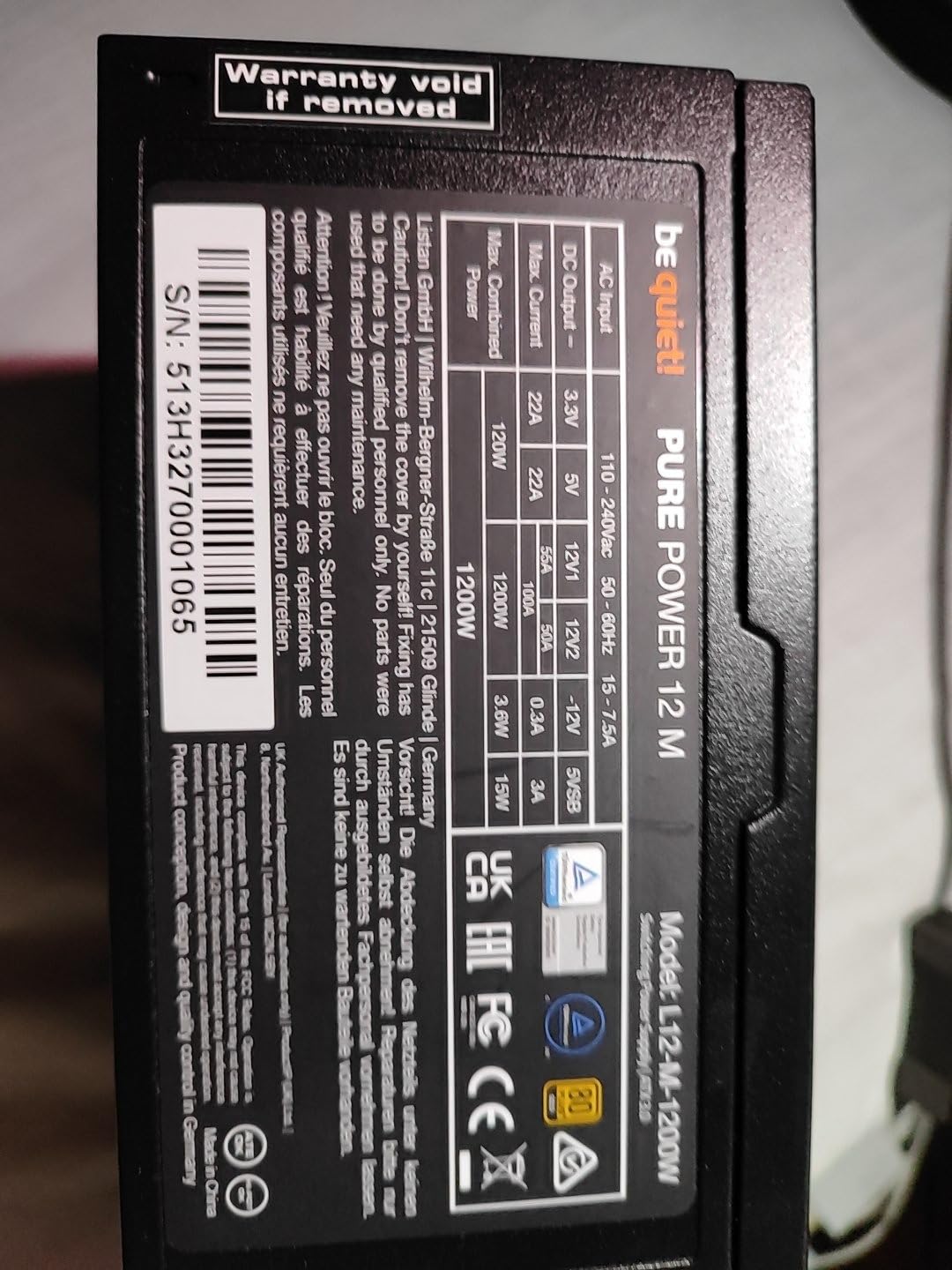 be quiet! Pure Power 12 M 1200W, ATX 3.1, Fully Modular PSU, 80+ Gold customer photo 1