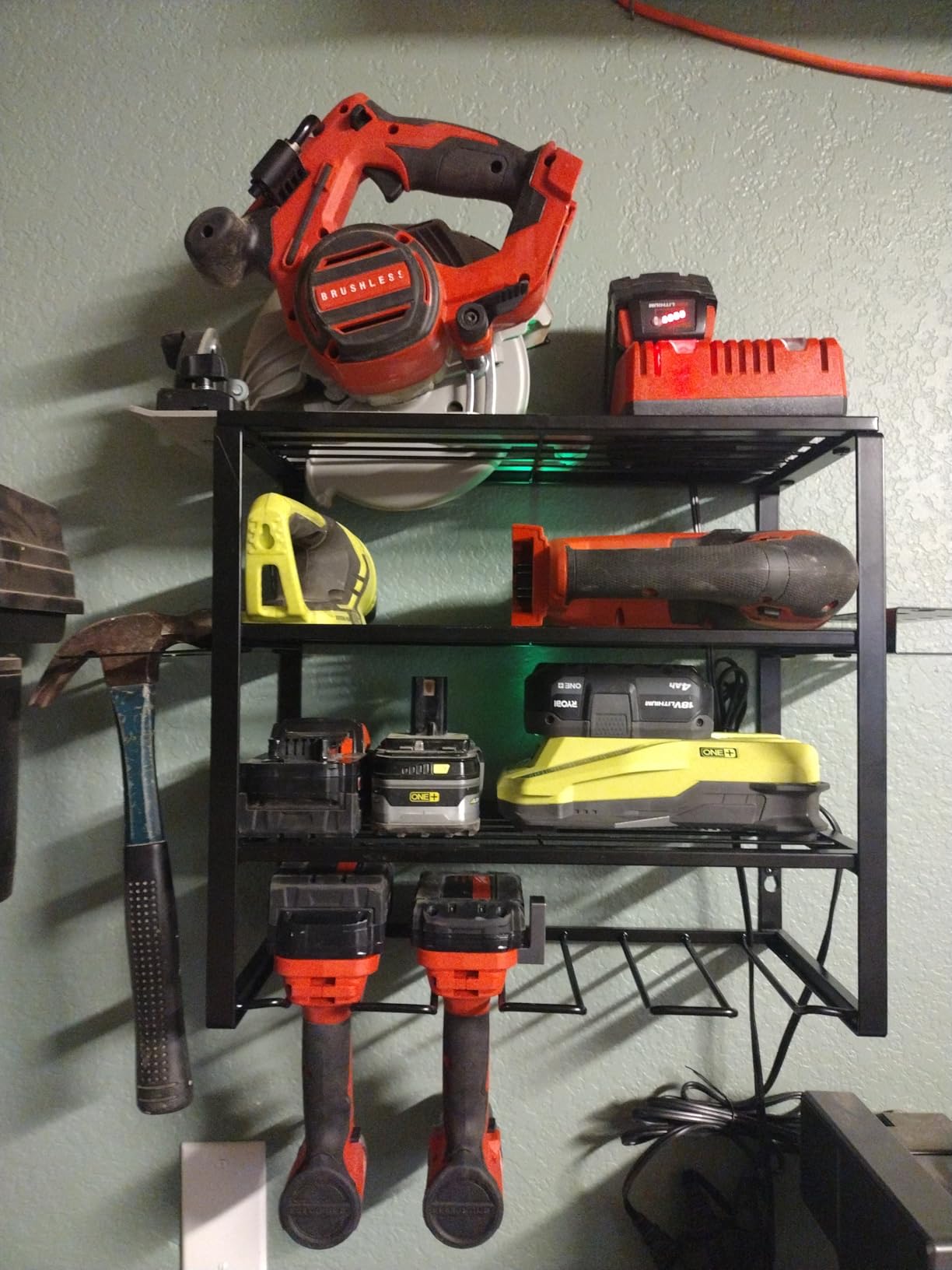 YYR 4 Layer Power Tool Organizer Wall Mount, Cordless Drill Hanger Storage Rack, Battery Tools Holder with Charging Station Shelf for Garage Organization, Workshop, Pegboard, Shed - 32 Inch 8 Slots customer photo 2