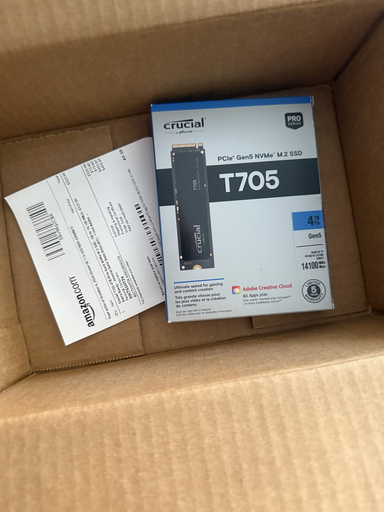 Crucial T705 PCIe Gen5 NVMe 4TB SSD, Up to 14,100MB/s, TLC NAND, Intel & Ryzen Compatible, for Hardcore Gaming & High-Speed Storage, Solid State Drive, Includes 1Mo Adobe CC – CT4000T705SSD3 customer photo 1