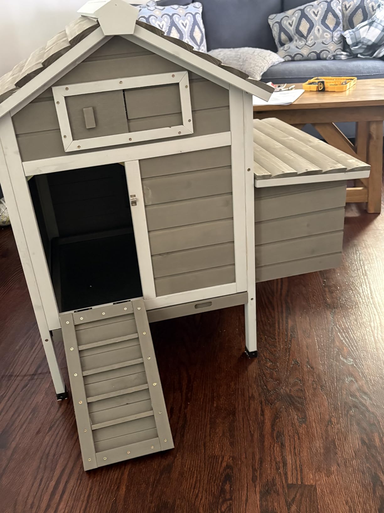 Gowoodhut Chicken Coop Rabbit Hutch with Removable Trays,Raised Floor Hen House with Nesting Box,Wooden Outdoor Poultry Cage Pet House with Ramp Run Hen Cage for Garden Backyard(Grey) customer photo 1