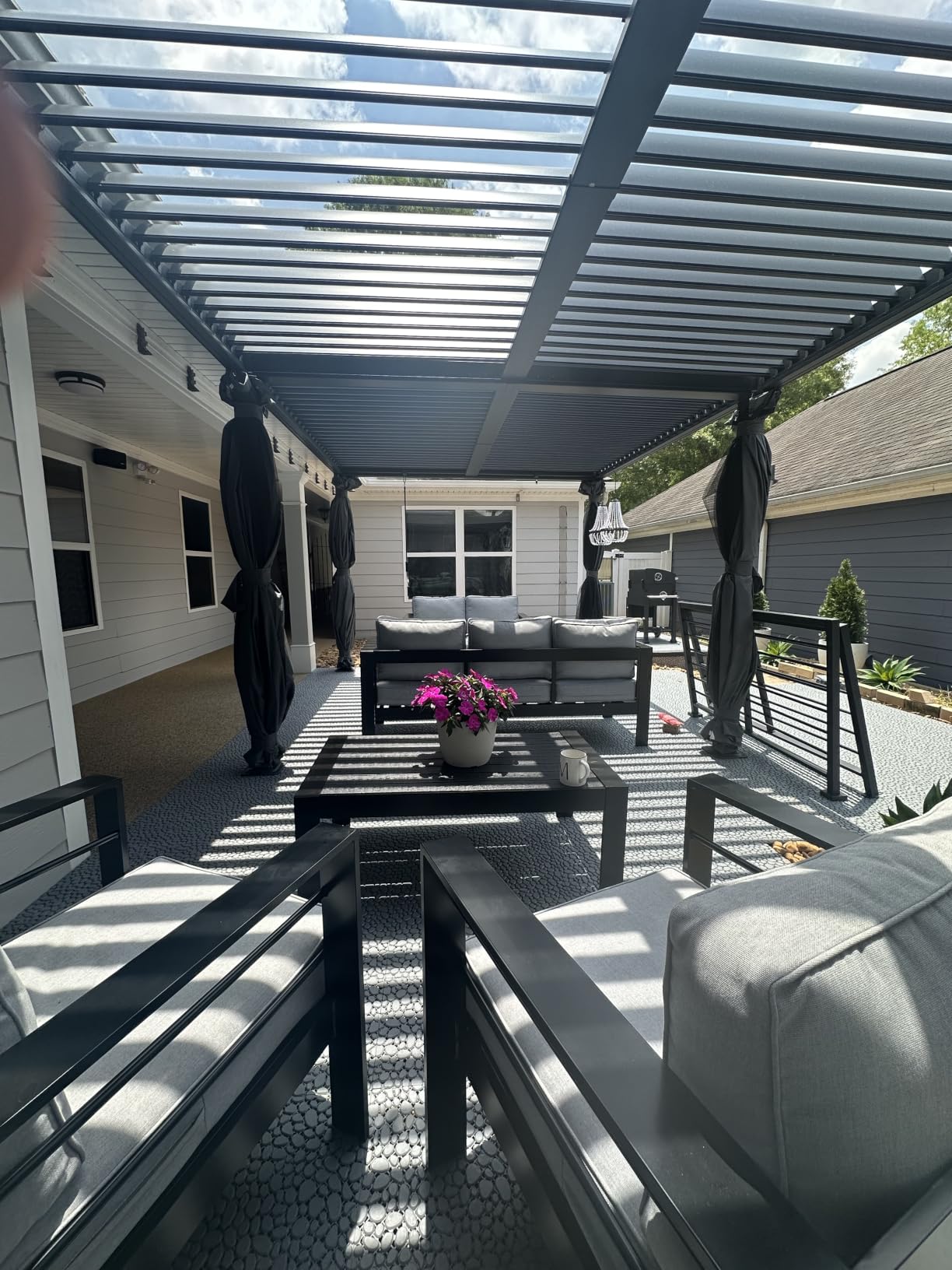 EROMMY Louvered Pergola 12x12, Outdoor Aluminum Pergola with Adjustable Rainproof Roof for Garden, Patio, Deck, Waterproof Curtains and Netting Included, Gray-Black customer photo 1