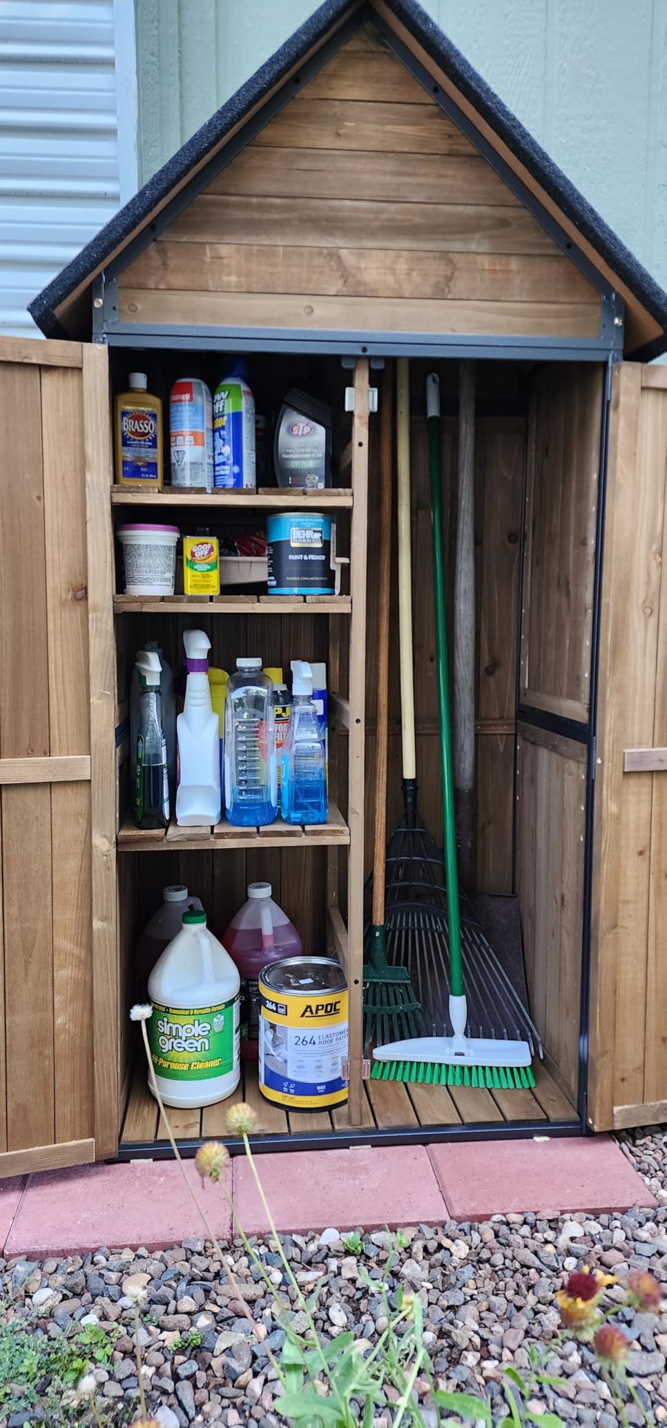 GUTINNEEN Outdoor Storage Cabinet, Upgraded with Durable Front Metal Frame Garden Shed Tool Storage Cabinet with Wooden Floor Adjustable Shelfs 2.5 x 1.4FT （Brown） customer photo 1