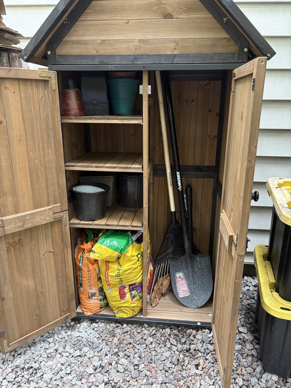 GUTINNEEN Outdoor Storage Cabinet, Upgraded with Durable Front Metal Frame Garden Shed Tool Storage Cabinet with Wooden Floor Adjustable Shelfs 2.5 x 1.4FT （Brown） customer photo 2