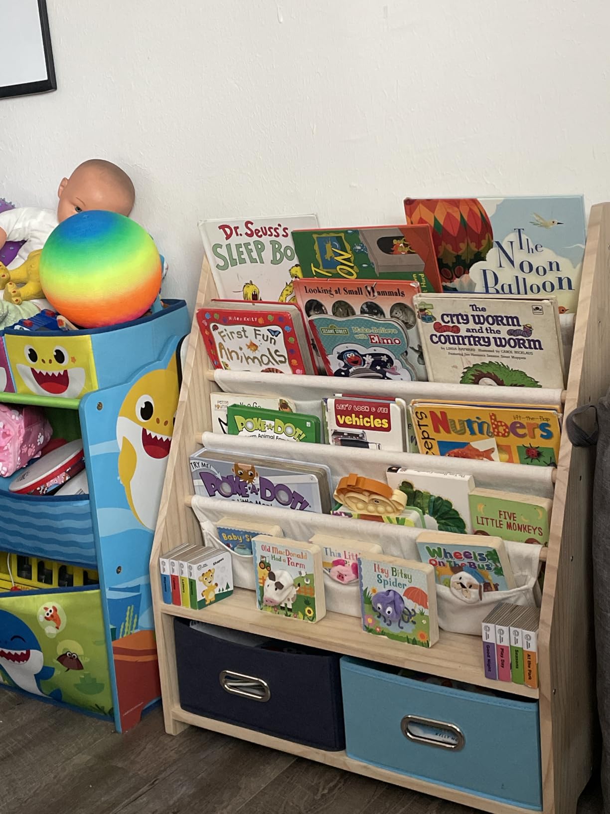 EXPERLAM 4 Tier Kids Bookshelf with Storage Bins, Solid Wood Toddler Book Shelf and Toy Organizer, Sling Book Rack for Kids Room, Nursery, Playroom, Blue customer photo 1